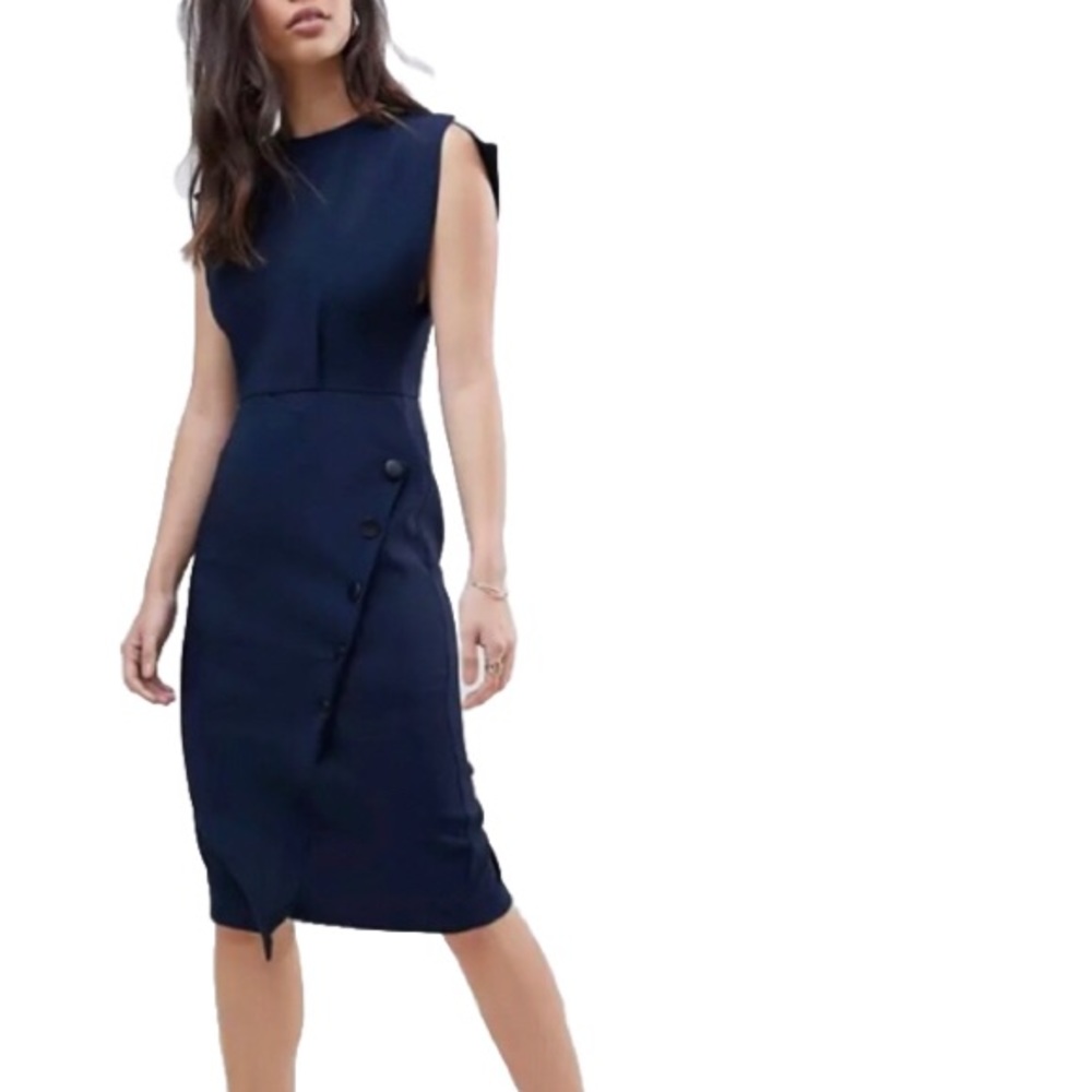 ASOS Navy Button Front Midi Split Cap Sleeves Tea Dress Size 12